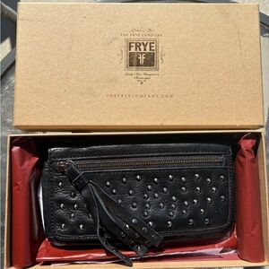 Frye Black Studded Leather Zip-Around Wallet with Tassel Pulls